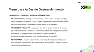 PLANEJAMENTO - ESTRATÉGIA - MUDANÇAS ORGANIZACIONAIS
• 47. AUXILIAR CHEFIA – Participar proativamente e auxiliar a chefia a planejar estratégia
para o atingimento de objetivos da área – sugerir sua participação de reuniões em que ele
participe, como ouvinte e observador – solicitar delegação de atividades.
• 48. PRESIDENTE POR UM DIA – quais coisas você faria se fosse o Presidente da empresa
por um dia? Dessa lista, quais itens ou parte deles ou adaptações você poderia sugerir ou
implementar na sua área/função? Quais itens você poderia formatar e
encaminhar/negociar com outras áreas, visando melhorias na empresa?
• 49. BUROCRACIA – Reavaliar procedimentos burocráticos da área ou mesmo de outras
áreas, propondo simplificações, sem perder controle nem qualidade – idem para rede de
clientes-fornecedores internos.
Menu para Ações de Desenvolvimento
 