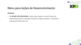 PROCESSOS
• 53. RELAÇÃO COM COMUNIDADE – Avaliar, propor, negociar e conduzir iniciativas de
desenvolvimento junto à comunidade, envolvendo a imagem da empresa – compartilhar e
pedir apoio da chefia, pares e RH.
Menu para Ações de Desenvolvimento
 