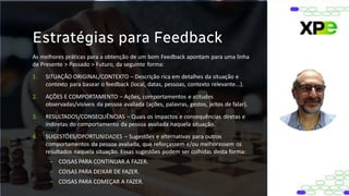 Estratégias para Feedback
As melhores práticas para a obtenção de um bom Feedback apontam para uma linha
de Presente > Passado > Futuro, da seguinte forma:
1. SITUAÇÃO ORIGINAL/CONTEXTO – Descrição rica em detalhes da situação e
contexto para basear o feedback (local, datas, pessoas, contexto relevante...).
2. AÇÕES E COMPORTAMENTO – Ações, comportamentos e atitudes
observadas/visíveis da pessoa avaliada (ações, palavras, gestos, jeitos de falar).
3. RESULTADOS/CONSEQUÊNCIAS – Quais os impactos e consequências diretas e
indiretas do comportamento da pessoa avaliada naquela situação.
4. SUGESTÕES/OPORTUNIDADES – Sugestões e alternativas para outros
comportamentos da pessoa avaliada, que reforçassem e/ou melhorassem os
resultados naquela situação. Essas sugestões podem ser colhidas desta forma:
– COISAS PARA CONTINUAR A FAZER.
– COISAS PARA DEIXAR DE FAZER.
– COISAS PARA COMEÇAR A FAZER.
 