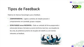 Podemos ter diversos focos/origens para o feedback:
• COMPORTAMENTAL – Ligado a contextos de relações pessoais e
comportamentos em sociedade, grupos e equipes.
• ESTRUTURADO versus INCIDENTAL – Pode ser realizado de forma programada e
estruturada (tempo e formato) ou ocorrer de forma mais livre, nas situações do
dia a dia, de preferência próximo de situações de trabalho ou com eventos
relevantes ao feedback.
Tipos de Feedback
 