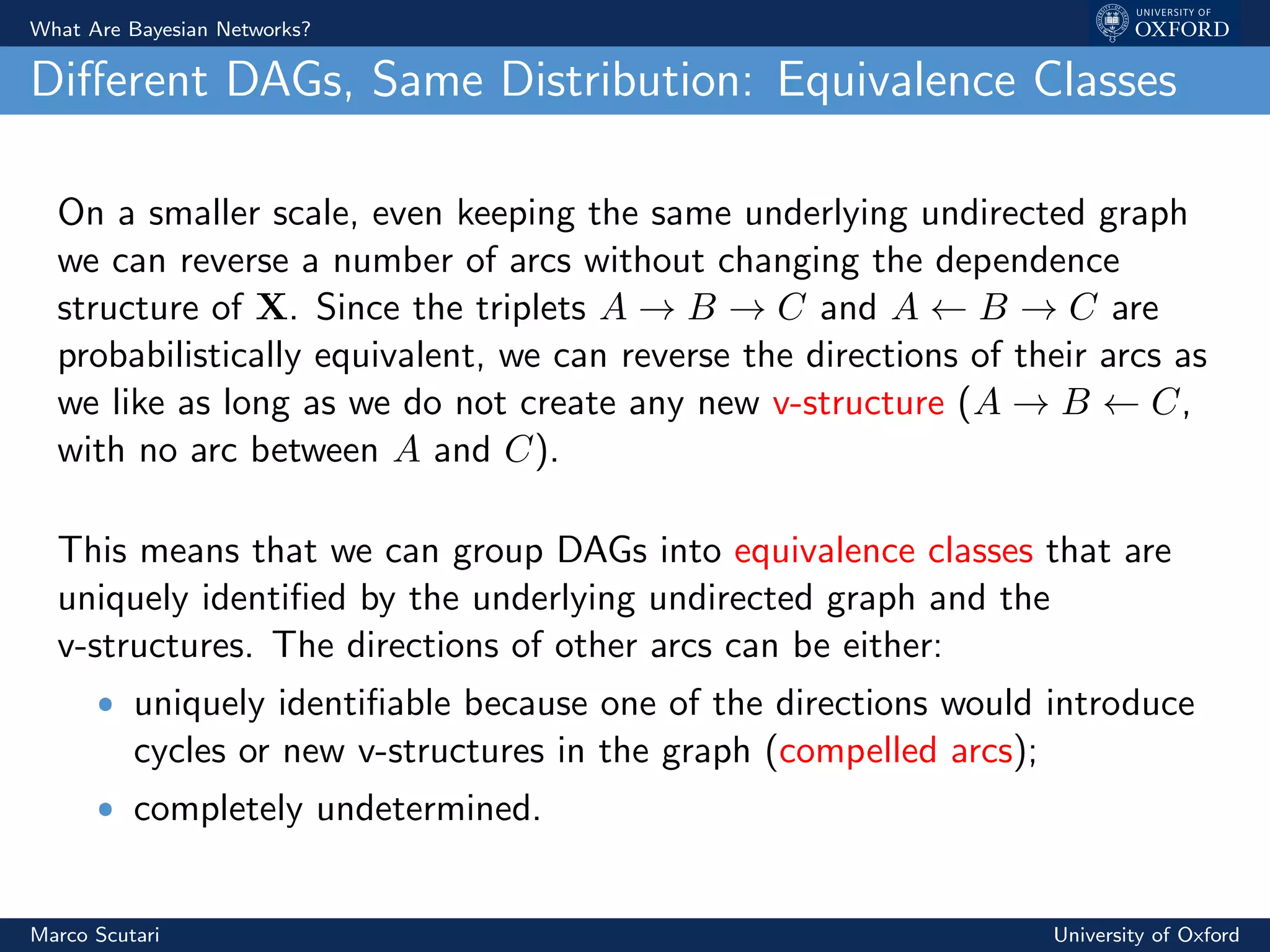 What Are Bayesian Networks?
Diﬀerent DAGs, Same Distribution: Equivalence Classes
On a smaller scale, even keeping the same underlying undirected graph
we can reverse a number of arcs without changing the dependence
structure of X. Since the triplets A → B → C and A ← B → C are
probabilistically equivalent, we can reverse the directions of their arcs as
we like as long as we do not create any new v-structure (A → B ← C,
with no arc between A and C).
This means that we can group DAGs into equivalence classes that are
uniquely identiﬁed by the underlying undirected graph and the
v-structures. The directions of other arcs can be either:
ˆ uniquely identiﬁable because one of the directions would introduce
cycles or new v-structures in the graph (compelled arcs);
ˆ completely undetermined.
Marco Scutari University of Oxford
 
