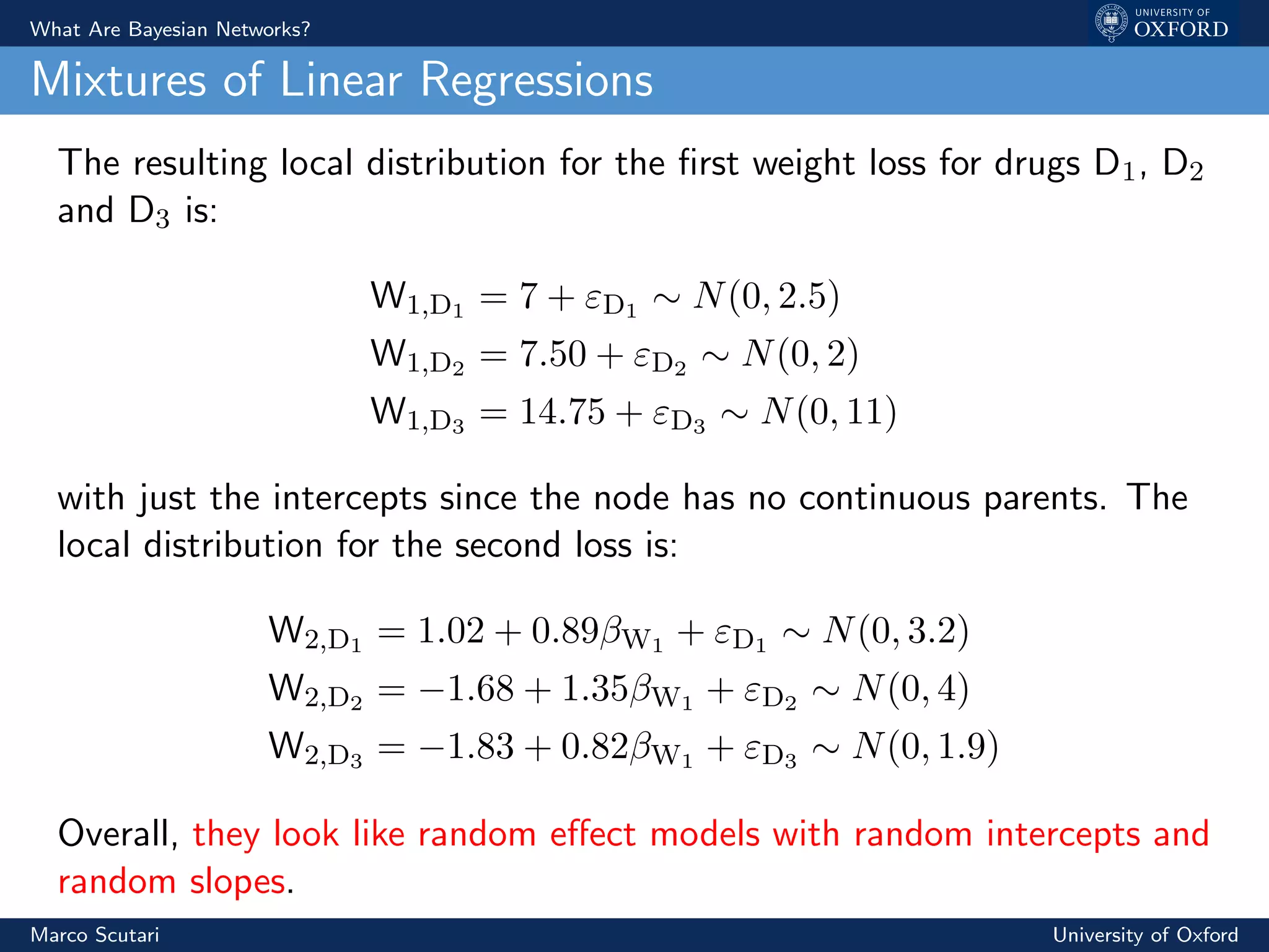 What Are Bayesian Networks?
Mixtures of Linear Regressions
The resulting local distribution for the ﬁrst weight loss for drugs D1, D2
and D3 is:
W1,D1 = 7 + εD1 ∼ N(0, 2.5)
W1,D2 = 7.50 + εD2 ∼ N(0, 2)
W1,D3 = 14.75 + εD3 ∼ N(0, 11)
with just the intercepts since the node has no continuous parents. The
local distribution for the second loss is:
W2,D1 = 1.02 + 0.89βW1 + εD1 ∼ N(0, 3.2)
W2,D2 = −1.68 + 1.35βW1 + εD2 ∼ N(0, 4)
W2,D3 = −1.83 + 0.82βW1 + εD3 ∼ N(0, 1.9)
Overall, they look like random eﬀect models with random intercepts and
random slopes.
Marco Scutari University of Oxford
 