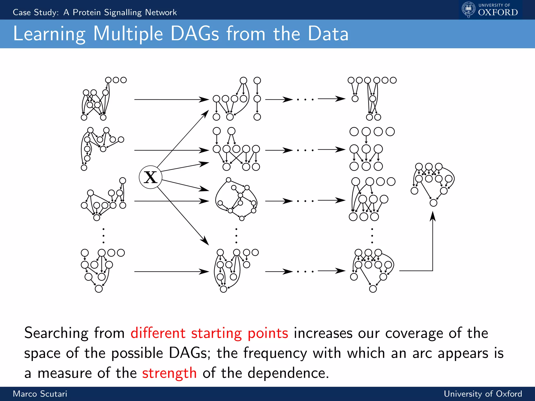 Case Study: A Protein Signalling Network
Learning Multiple DAGs from the Data
Searching from diﬀerent starting points increases our coverage of the
space of the possible DAGs; the frequency with which an arc appears is
a measure of the strength of the dependence.
Marco Scutari University of Oxford
 
