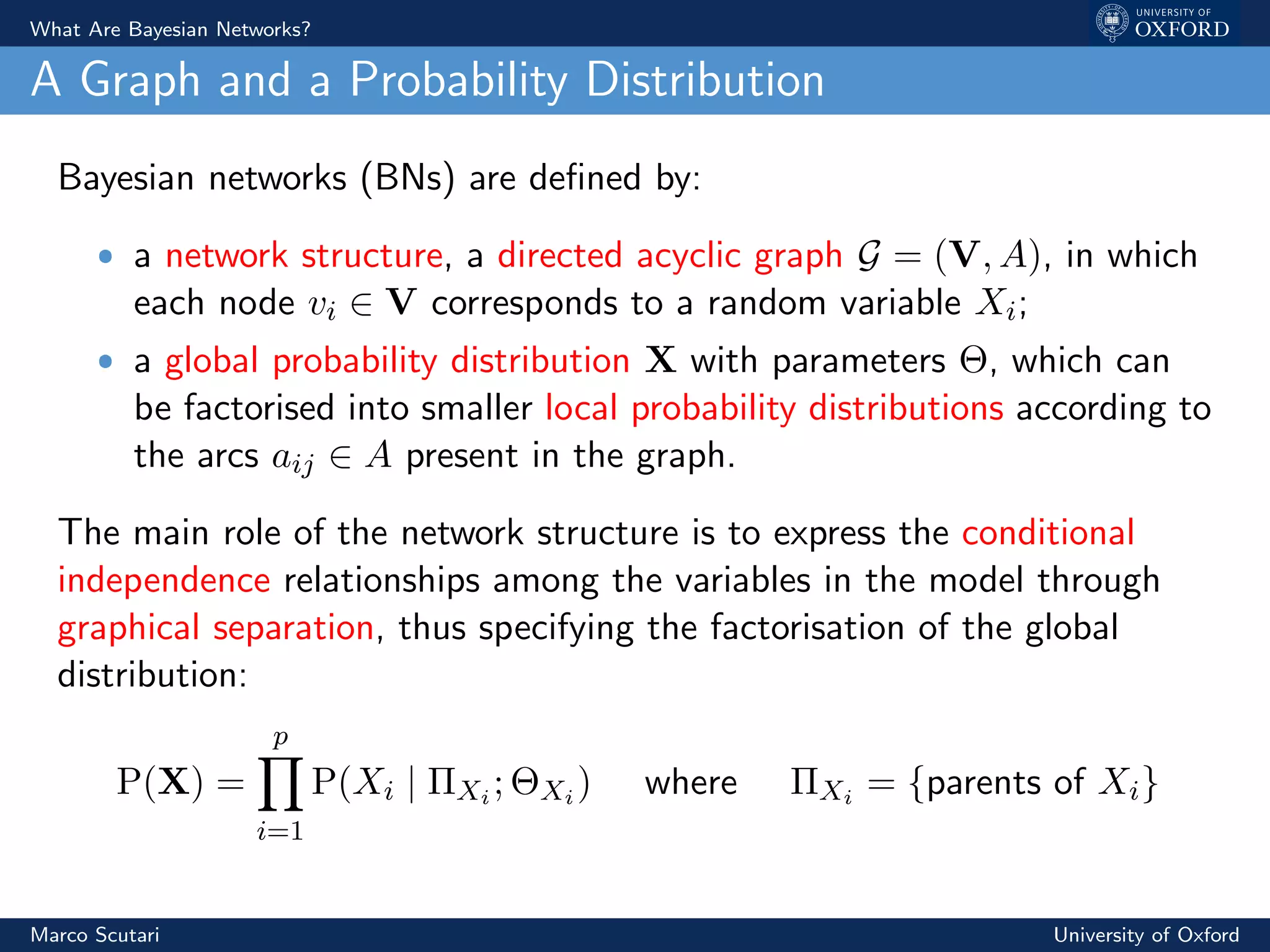 What Are Bayesian Networks?
A Graph and a Probability Distribution
Bayesian networks (BNs) are deﬁned by:
ˆ a network structure, a directed acyclic graph G = (V, A), in which
each node vi ∈ V corresponds to a random variable Xi;
ˆ a global probability distribution X with parameters Θ, which can
be factorised into smaller local probability distributions according to
the arcs aij ∈ A present in the graph.
The main role of the network structure is to express the conditional
independence relationships among the variables in the model through
graphical separation, thus specifying the factorisation of the global
distribution:
P(X) =
p
i=1
P(Xi | ΠXi ; ΘXi ) where ΠXi = {parents of Xi}
Marco Scutari University of Oxford
 
