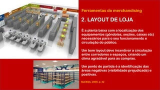 Ferramentas do merchandising
2. LAYOUT DE LOJA
É a planta baixa com a localização dos
equipamentos (gôndolas, seções, caixas etc)
necessários para o seu funcionamento e
circulação do público.
Um bom layout deve incentivar a circulação
entre corredores e espaços, criando um
clima agradável para as compras.
Um ponto de partida é a identificação das
áreas negativas (visibilidade prejudicada) e
positivas.
BLESSA, 2009, p. 42
 