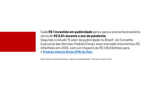 Cada R$ 1 investido em publicidade gerou para a economia brasileira
cerca de R$ 8,54 durante o ano de pandemia.
Segundo o estudo "O valor da publicidade no Brasil", do Conselho
Executivo das Normas-Padrão (Cenp), esse mercado movimentou R$
49 bilhões em 2020, com um impacto de R$ 418,8 bilhões para
o Produto Interno Bruto (PIB) do País.
https://exame.com/economia/cada-r-1-gasto-em-publicidade-gera-r-854-para-o-pib-do-brasil/
 