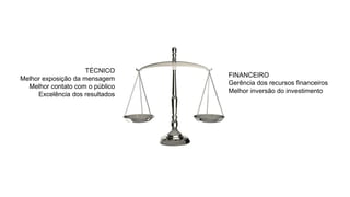 TÉCNICO
Melhor exposição da mensagem
Melhor contato com o público
Excelência dos resultados
FINANCEIRO
Gerência dos recursos financeiros
Melhor inversão do investimento
 