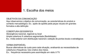 1. Escolha dos meios
OBJETIVOS DA COMUNICAÇÃO
Aqui observamos o objetivo da comunicação, as características do produto e
contexto mercadológico. Ex.: apelo de apetite pede peças visuais em grandes
formatos e alta definição
COBERTURA GEOGRÁFICA
Abrangência nacional, regional ou local
Ampla cobertura X cobertura segmentada (flexibilidade)
Ex.: mídia exterior com distribuição nacional x seleção de pontos locais e estratégicos
VERBA DISPONÍVEL
Buscar alternativas de custo para cada situação, analisando as necessidades de
cobertura e frequência. Uso criativo dos meios.
Ex.: frequência necessária para assimilação em rádio X TV
 