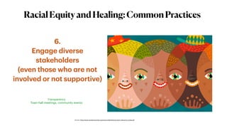 RacialEquityandHealing:CommonPractices
6.
Engage diverse
stakeholders
(even those who are not
involved or not supportive)
Source: https://www.racialequitytools.org/resourcefiles/Racial_Equity_Resource_Guide.pdf
Transparency
Town-hall meetings, community events
 