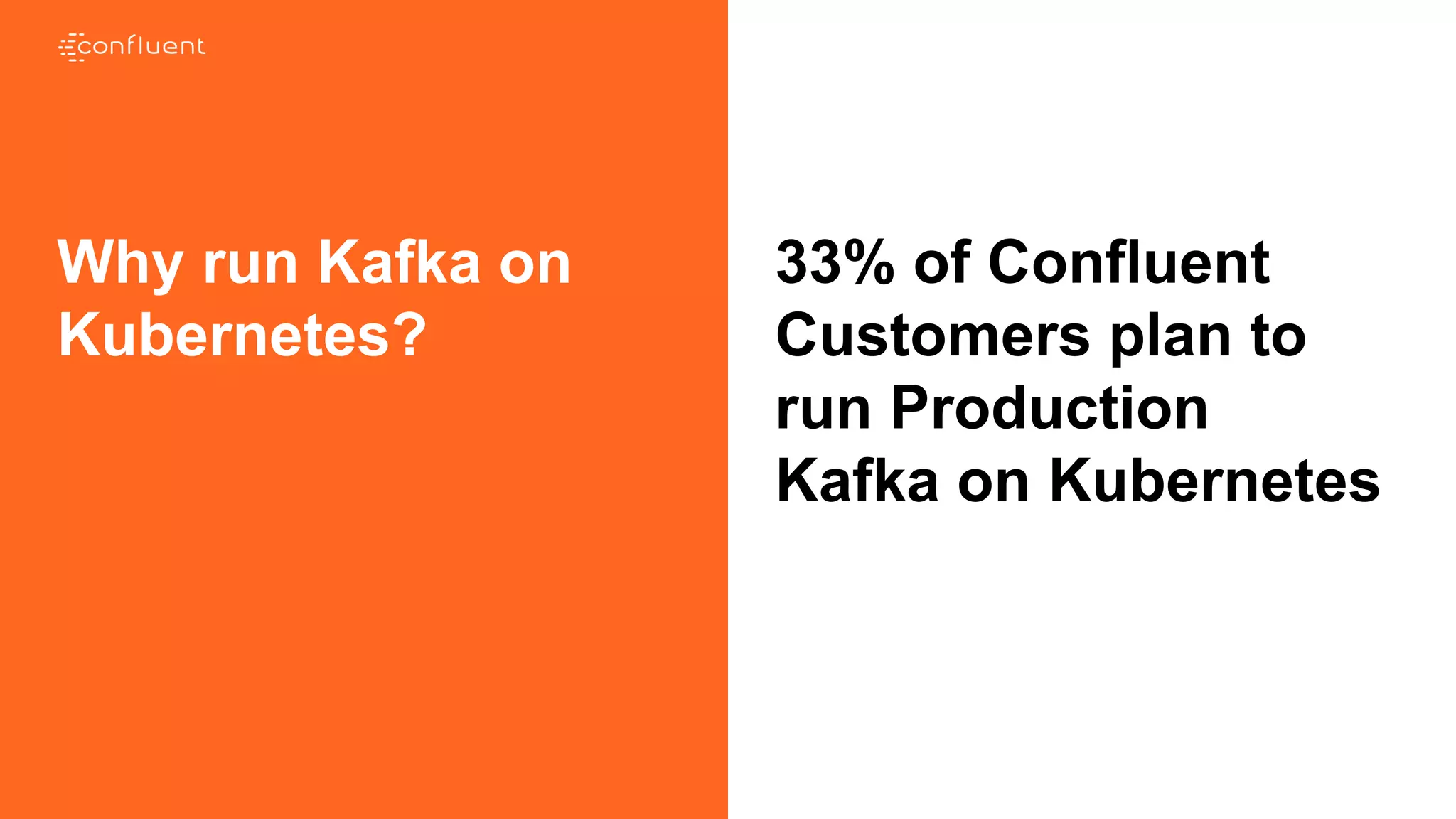 Why run Kafka on
Kubernetes?
33% of Confluent
Customers plan to
run Production
Kafka on Kubernetes
 