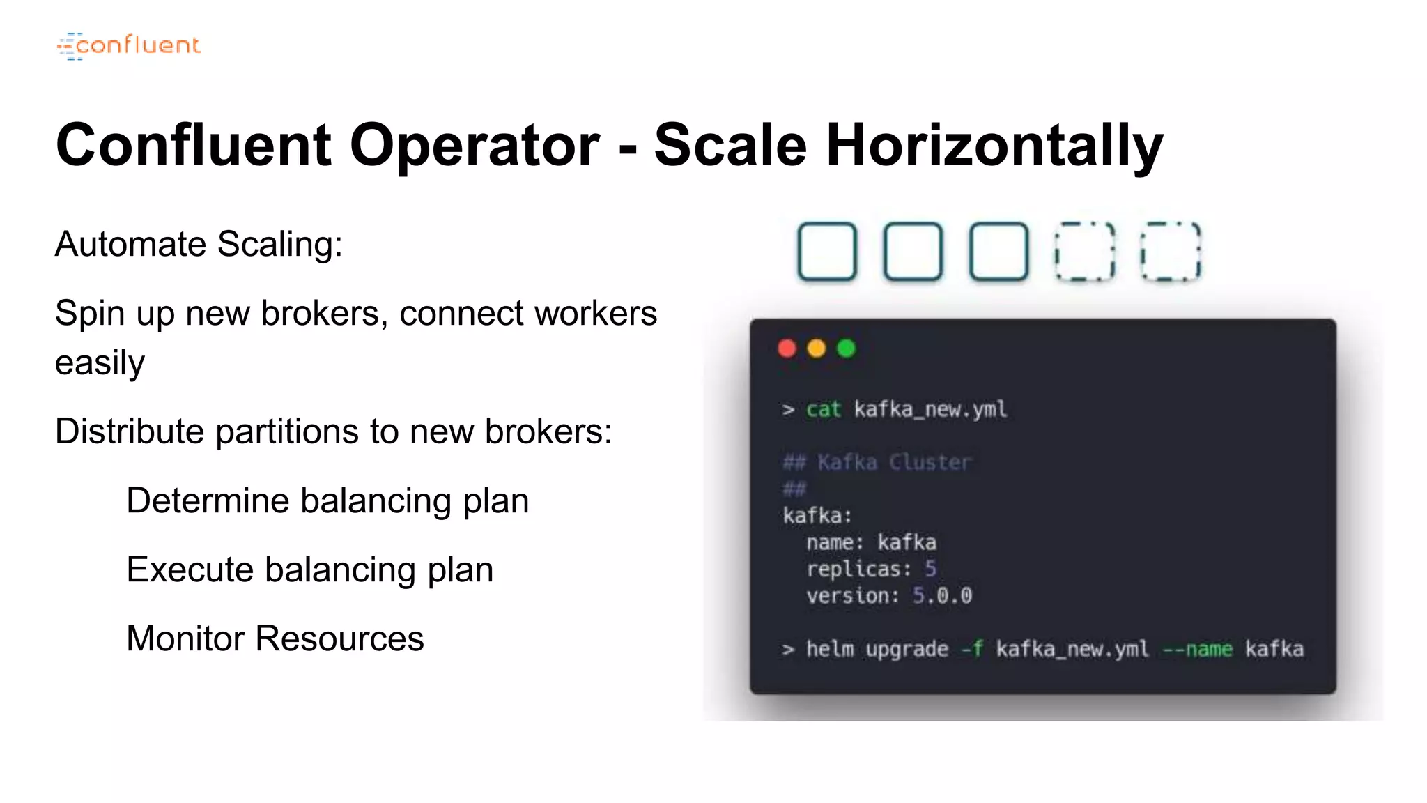 Confluent Operator - Scale Horizontally
Automate Scaling:
Spin up new brokers, connect workers
easily
Distribute partitions to new brokers:
Determine balancing plan
Execute balancing plan
Monitor Resources
 
