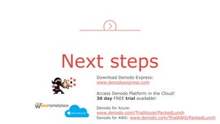 Next steps
Download Denodo Express:
www.denodoexpress.com
Access Denodo Platform in the Cloud!
30 day FREE trial available!
Denodo for Azure:
www.denodo.com/TrialAzure/PackedLunch
Denodo for AWS: www.denodo.com/TrialAWS/PackedLunch
 