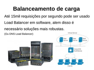 Balanceamento de carga
Até 15mil requisições por segundo pode ser usado
Load Balancer em software, alem disso é
necessário soluções mais robustas.
(Ou DNS Load Balancer)
 