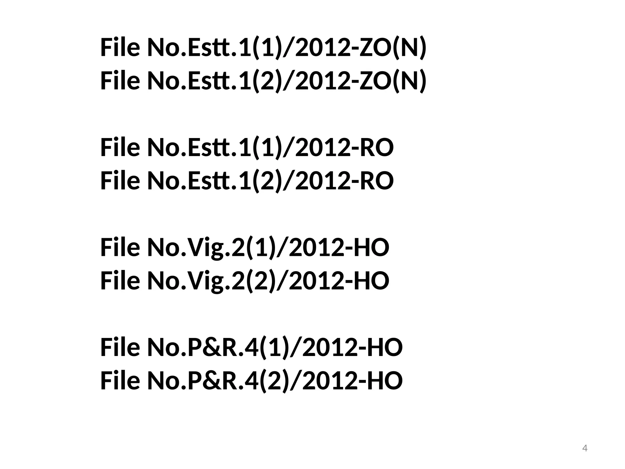 File No.Estt.1(1)/2012-ZO(N)
File No.Estt.1(2)/2012-ZO(N)
File No.Estt.1(1)/2012-RO
File No.Estt.1(2)/2012-RO
File No.Vig.2(1)/2012-HO
File No.Vig.2(2)/2012-HO
File No.P&R.4(1)/2012-HO
File No.P&R.4(2)/2012-HO
4
 