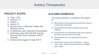 Autolus Therapeutics
PROJECT SCOPE:
● Tags: 1,322
● Screens: 12
● Clients: 2
● Alarms: 91
● Devices used: 10 Microsoft Tablets with
Windows 10 Pro
● Architectures used: Redundant Cloud-Based
● Databases used: Microsoft SQL Express,
Microsoft SQL Server Standard, OSI PI
Historian
● Historical data logged: 44 tags OSI PI
ACCOMPLISHMENTS:
The project resulted in compliance with respect
to:
● Being able to quickly generate and provide records
to those that need them
● Ensuring that the data is protected and can be
retained
● Ensuring that only authorized users have access to
the data sources, and the PCS data
● Data transfers are now automated w/ store-n-
forward
● Audit trails to record user interactions – solving
“who, when, where and what actions or changes
were made”
 