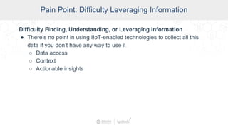 SCADA Pain Points
Pain Point: Difficulty Leveraging Information
Difficulty Finding, Understanding, or Leveraging Information
● There’s no point in using IIoT-enabled technologies to collect all this
data if you don’t have any way to use it
○ Data access
○ Context
○ Actionable insights
 