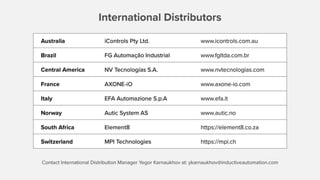 International Distributors
Australia iControls Pty Ltd. www.icontrols.com.au
Brazil FG Automação Industrial www.fgltda.com.br
Central America NV Tecnologías S.A. www.nvtecnologias.com
France AXONE-iO www.axone-io.com
Italy EFA Automazione S.p.A www.efa.it
Norway Autic System AS www.autic.no
South Africa Element8 https://element8.co.za/
Switzerland MPI Technologies https://mpi.ch/
Contact International Distribution Manager Annie Wise at:
awise@inductiveautomation.com
 