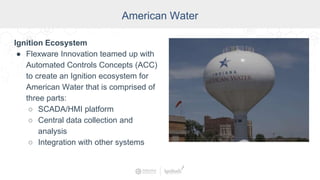 American Water
Ignition Ecosystem
● Flexware Innovation teamed up with
Automated Controls Concepts (ACC)
to create an Ignition ecosystem for
American Water that is comprised of
three parts:
○ SCADA/HMI platform
○ Central data collection and
analysis
○ Integration with other systems
 