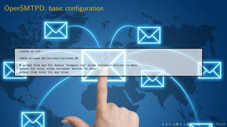 OpenSMTPD: basic conﬁguration
listen on lo0
table aliases db:/etc/mail/aliases.db
# accept from any for domain "example.org" alias <aliases> deliver to mbox
accept for local alias <aliases> deliver to mbox
accept from local for any relay
 
