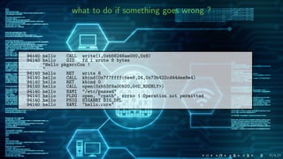 what to do if something goes wrong ?
94140 hello CALL write(1,0xb56246ae000,0x8)
94140 hello GIO fd 1 wrote 8 bytes
"Hello pkgsrcCon !
"
94140 hello RET write 8
94140 hello CALL kbind(0x7f7ffffcbee8,24,0x73b422cd44dee9e4)
94140 hello RET kbind 0
94140 hello CALL open(0xb53f8a00b20,0<O_RDONLY>)
94140 hello NAMI "/etc/passwd"
94140 hello PLDG open, "rpath", errno 1 Operation not permitted
94140 hello PSIG SIGABRT SIG_DFL
94140 hello NAMI "hello.core"
 