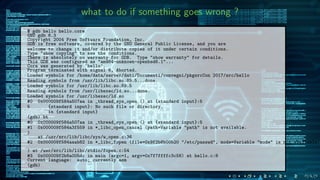 what to do if something goes wrong ?
$ gdb hello hello.core
GNU gdb 6.3
Copyright 2004 Free Software Foundation, Inc.
GDB is free software, covered by the GNU General Public License, and you are
welcome to change it and/or distribute copies of it under certain conditions.
Type "show copying" to see the conditions.
There is absolutely no warranty for GDB. Type "show warranty" for details.
This GDB was configured as "amd64-unknown-openbsd6.1"...
Core was generated by ‘hello’.
Program terminated with signal 6, Aborted.
Loaded symbols for /home/data/server/dati/Documenti/convegni/pkgsrcCon 2017/src/hello
Reading symbols from /usr/lib/libc.so.89.5...done.
Loaded symbols for /usr/lib/libc.so.89.5
Reading symbols from /usr/libexec/ld.so...done.
Loaded symbols for /usr/libexec/ld.so
#0 0x000009f584a507aa in _thread_sys_open () at {standard input}:5
5 {standard input}: No such file or directory.
in {standard input}
(gdb) bt
#0 0x000009f584a507aa in _thread_sys_open () at {standard input}:5
#1 0x000009f584a3f559 in *_libc_open_cancel (path=Variable "path" is not available.
)
at /usr/src/lib/libc/sys/w_open.c:36
#2 0x000009f584aaab82 in *_libc_fopen (file=0x9f2b8b00b20 "/etc/passwd", mode=Variable "mode" is not available.
) at /usr/src/lib/libc/stdio/fopen.c:54
#3 0x000009f2b8a005dc in main (argc=1, argv=0x7f7ffffc3c58) at hello.c:8
Current language: auto; currently asm
(gdb)
 