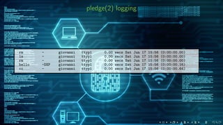 pledge(2) logging
rm - giovanni ttyp1 0.00 secs Sat Jun 17 15:56 (0:00:00.00)
ls - giovanni ttyp1 0.00 secs Sat Jun 17 15:56 (0:00:00.00)
rm - giovanni ttyp1 0.00 secs Sat Jun 17 15:56 (0:00:00.00)
hello -DXP giovanni ttyp1 0.00 secs Sat Jun 17 15:56 (0:00:00.16)
cc - giovanni ttyp1 0.00 secs Sat Jun 17 15:56 (0:00:00.64)
 