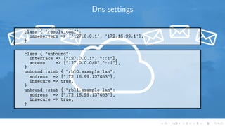 Dns settings
class { ’resolv_conf’:
nameservers => [’127.0.0.1’, ’172.16.99.1’],
}
class { "unbound":
interface => ["127.0.0.1", "::1"],
access => ["127.0.0.0/8","::1"],
}
unbound::stub { "rbl0.example.lan":
address => ["172.16.99.137@53"],
insecure => true,
}
unbound::stub { "rbl1.example.lan":
address => ["172.16.99.137@53"],
insecure => true,
}
 