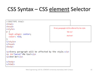 CSS Syntax – CSS element Selector
Web Engineering, Fall'19, COMSATS University Islamabad, Wah Campus 10
 