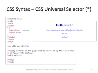 CSS Syntax – CSS Universal Selector (*)
Web Engineering, Fall'19, COMSATS University Islamabad, Wah Campus 16
 