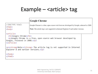 Example – <article> tag
Web Engineering, Fall'19, COMSATS
University Islamabad, Wah Campus
31
 