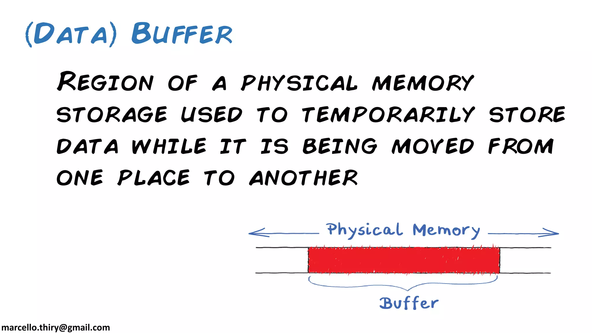 marcello.thiry@gmail.com Region of a physical memory storage used to temporarily store data while it is being moved from one place to another Data Buffer 