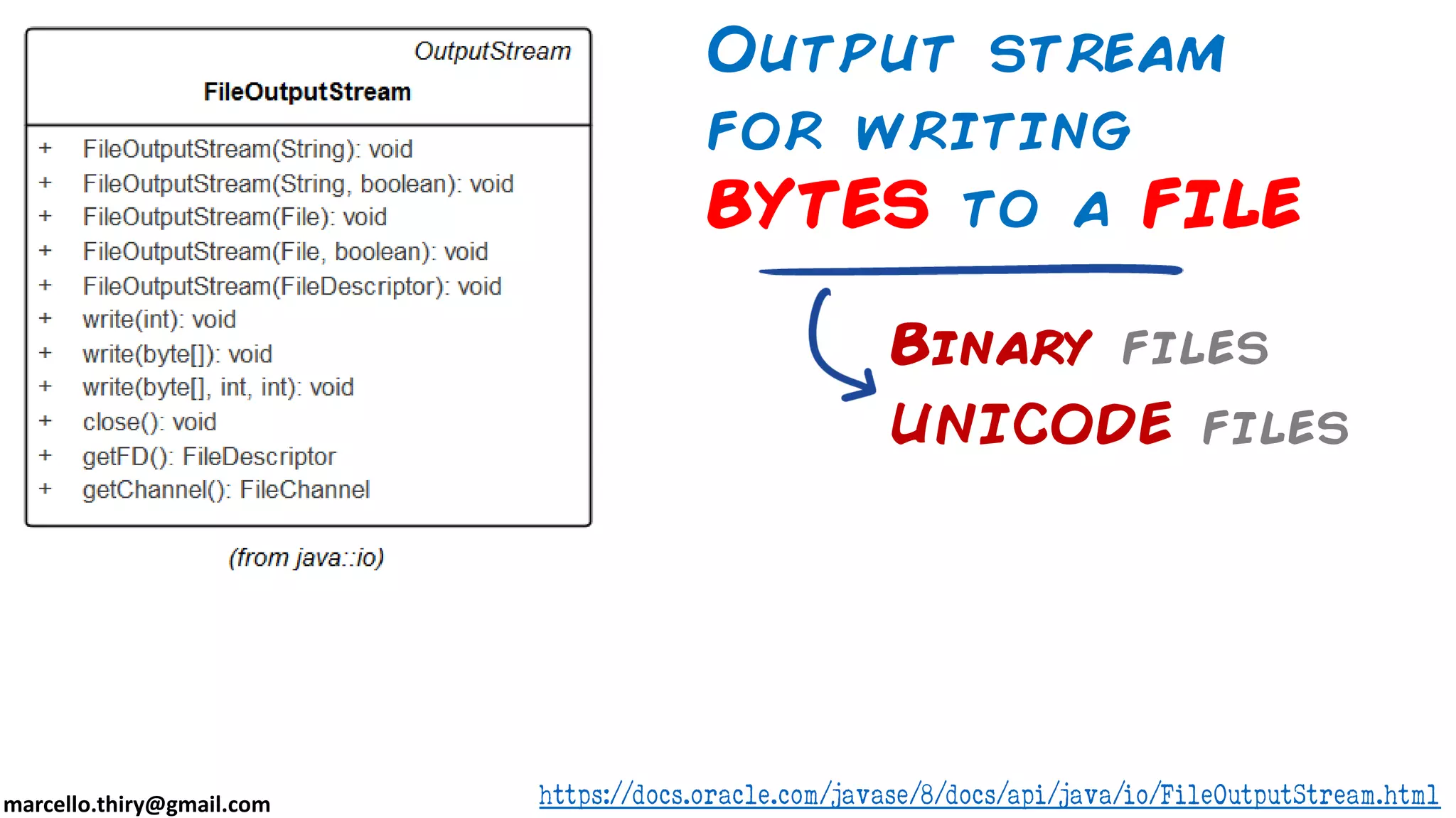 marcello.thiry@gmail.com Output stream for writing BYTES to a FILE Binary files UNICODE files https://docs.oracle.com/javase/8/docs/api/java/io/FileOutputStream.html 