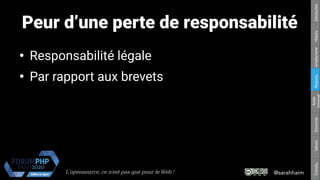 @sarahhaimL'opensource, ce n’est pas que pour le Web !
Respons.Amateurisme
Accès
Universel
EconomieValeursConclu.HistoireIntroduction
Peur d’une perte de responsabilité
●
Responsabilité légale
●
Par rapport aux brevets
 