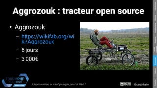 @sarahhaimL'opensource, ce n’est pas que pour le Web !
Respons.Amateurisme
Accès
Universel
EconomieValeursConclu.HistoireIntroduction
Aggrozouk : tracteur open source
●
Aggrozouk
– https://wikifab.org/wi
ki/Aggrozouk
– 6 jours
– 3 000€
 