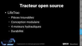 @sarahhaimL'opensource, ce n’est pas que pour le Web !
Respons.Amateurisme
Accès
Universel
EconomieValeursConclu.HistoireIntroduction
Tracteur open source
●
LifeTrac
– Pièces trouvables
– Conception modulaire
– 4 moteurs hydrauliques
– Durabilité
 