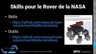 @sarahhaimL'opensource, ce n’est pas que pour le Web !
Respons.Amateurisme
Accès
Universel
EconomieValeursConclu.HistoireIntroduction
Skills pour le Rover de la NASA
●
Skills
– https://github.com/nasa-jpl/open
-source-rover#skills-necessary
●
Outils
– https://github.com/nasa-jpl/open
-source-rover#tools-necessary
 