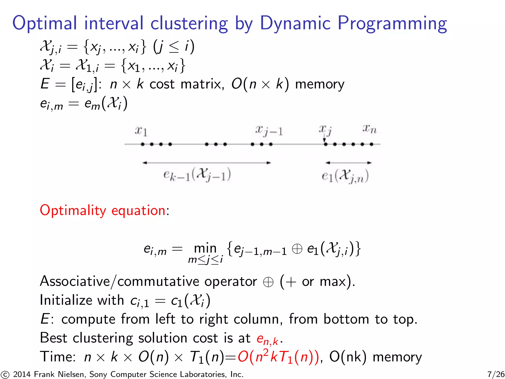 Optimal interval clustering by Dynamic Programming
Xj,i = {xj , ..., xi } (j ≤ i)
Xi = X1,i = {x1, ..., xi }
E = [ei,j]: n × k cost matrix, O(n × k) memory
ei,m = em(Xi )
Optimality equation:
ei,m = min
m≤j≤i
{ej−1,m−1 ⊕ e1(Xj,i )}
Associative/commutative operator ⊕ (+ or max).
Initialize with ci,1 = c1(Xi )
E: compute from left to right column, from bottom to top.
Best clustering solution cost is at en,k.
Time: n × k × O(n) × T1(n)=O(n2kT1(n)), O(nk) memory
c 2014 Frank Nielsen, Sony Computer Science Laboratories, Inc. 7/26
 