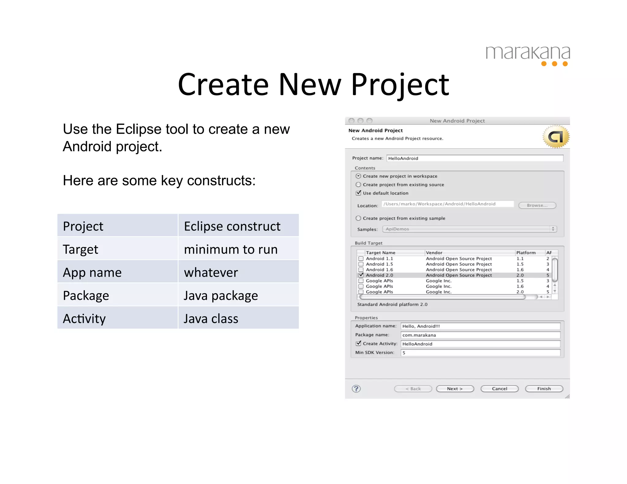 Create	
  New	
  Project
                                         	
  
Use the Eclipse tool to create a new
Android project.

Here are some key constructs:


Project	
          Eclipse	
  construct	
  
Target	
           minimum	
  to	
  run	
  
App	
  name	
      whatever	
  
Package	
          Java	
  package	
  
AcIvity	
          Java	
  class	
  
 