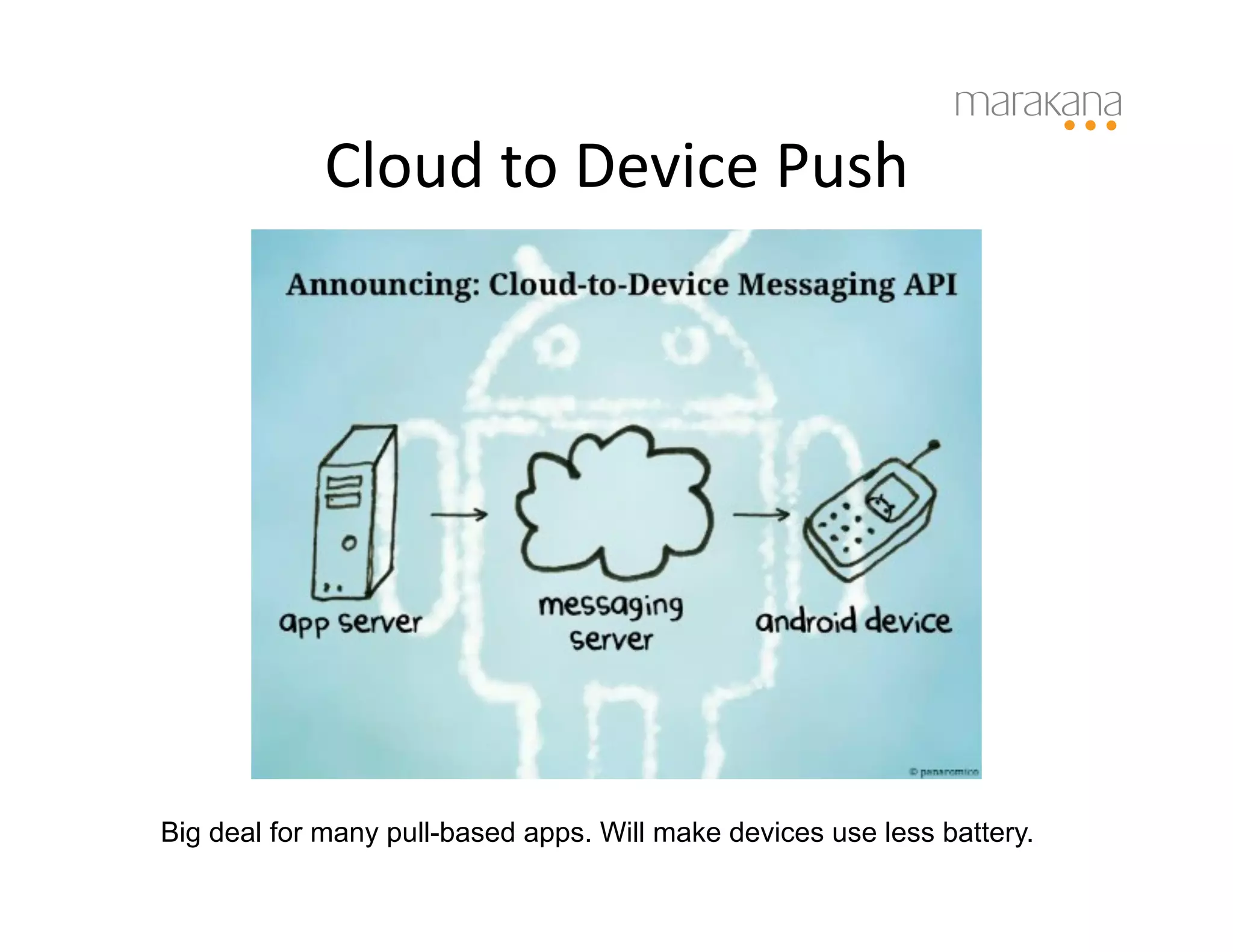 Cloud	
  to	
  Device	
  Push	
  




Big deal for many pull-based apps. Will make devices use less battery.
 