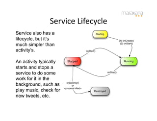 Service	
  Lifecycle	
  
Service also has a                                     Starting

lifecycle, but it’s                                                          (1) onCreate()
much simpler than                                                             (2) onStart()


activity’s.                                onStart()



An activity typically     Stopped                                                Running

starts and stops a
service to do some                                                onStop()

work for it in the
background, such as       onDestroy()
                              or

play music, check for
                        <process killed>
                                                  Destroyed

new tweets, etc.
 