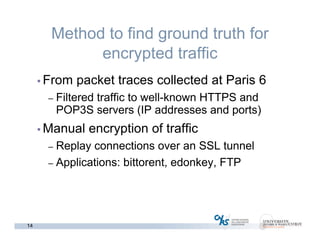 14
Method to find ground truth for
encrypted traffic
• From packet traces collected at Paris 6
– Filtered traffic to well-known HTTPS and
POP3S servers (IP addresses and ports)
• Manual encryption of traffic
– Replay connections over an SSL tunnel
– Applications: bittorent, edonkey, FTP
 