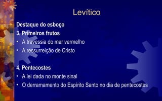 Levítico
Destaque do esboço
3. Primeiros frutos
• A travessia do mar vermelho
• A ressurreição de Cristo

4. Pentecostes
• A lei dada no monte sinal
• O derramamento do Espírito Santo no dia de pentecostes
 