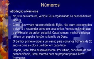 Números
Introdução a Números
• No livro de Números, vemos Deus organizando os desobedientes
   judeus.
• Como eles viviam na escravidão do Egito, não eram acostumados
   a viver e a responder como um povo unido. Vemos realizada aqui
   a primeira lei de ordem celestial. Cada homem, mulher e criança
   tinham um papel e função na família de Deus.
• O Senhor primeiro ordena um censo para contar os homens de 20
   anos a cima e coloca um líder em cada tribo.
• Depois, Israel falha miseravelmente. Por último, por causa da sua
   desobediência, Israel marcha para se preparar para a Terra
   Prometida.
 