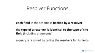 Resolver Functions
@nikolasburk
• each ﬁeld in the schema is backed by a resolver
• the type of a resolver is identical to...