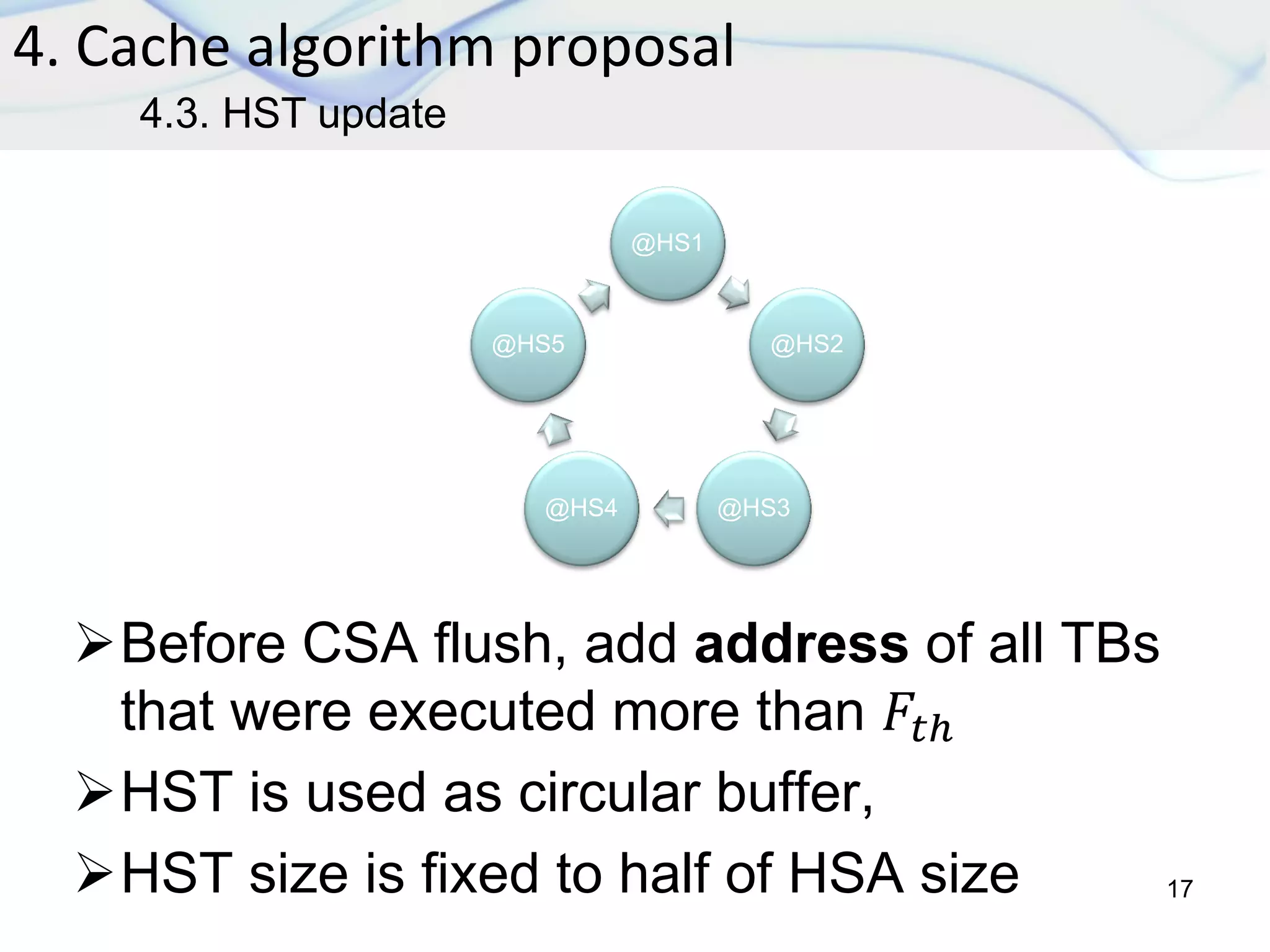 4. Cache algorithm proposal
17
4.3. HST update
Before CSA flush, add address of all TBs
that were executed more than 𝐹𝑡ℎ
HST is used as circular buffer,
HST size is fixed to half of HSA size
@HS1
@HS2
@HS3@HS4
@HS5
 