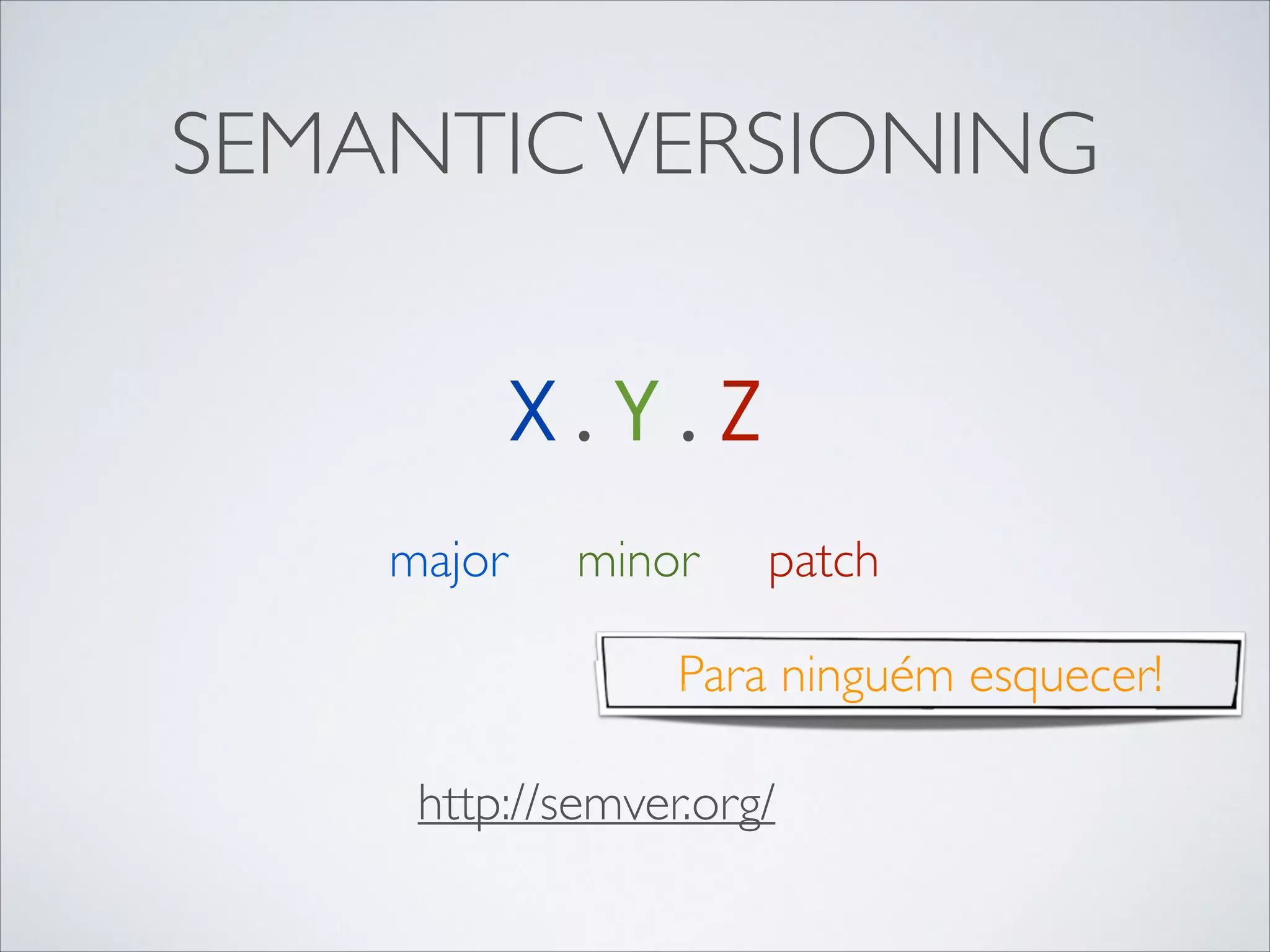 SEMANTIC VERSIONING
X.Y.Z
major

minor

patch

Para ninguém esquecer!
http://semver.org/

 