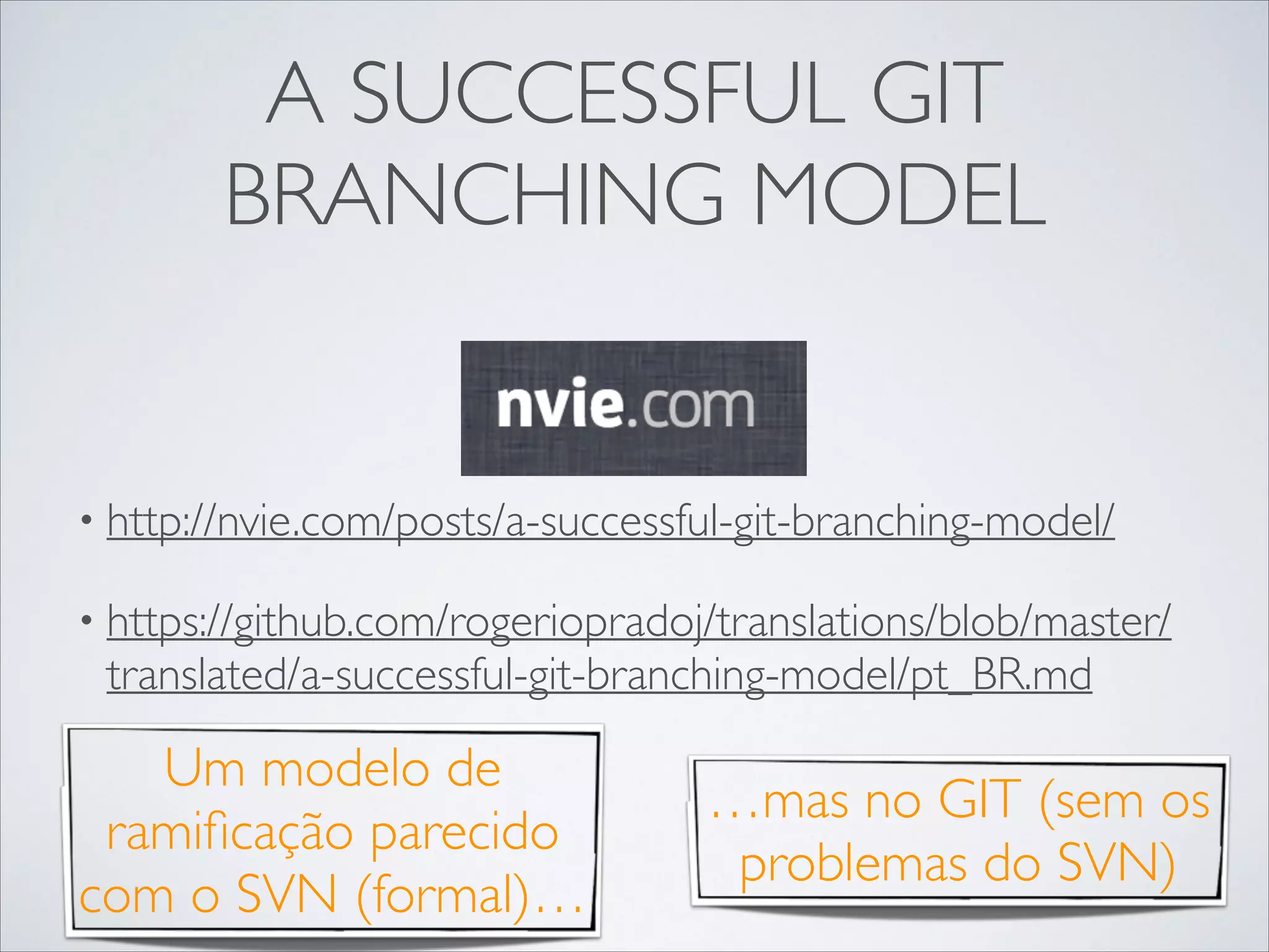A SUCCESSFUL GIT
BRANCHING MODEL

• http://nvie.com/posts/a-successful-git-branching-model/	

• https://github.com/rogeriopradoj/translations/blob/master/

translated/a-successful-git-branching-model/pt_BR.md

Um modelo de
ramiﬁcação parecido
com o SVN (formal)…

…mas no GIT (sem os
problemas do SVN)

 