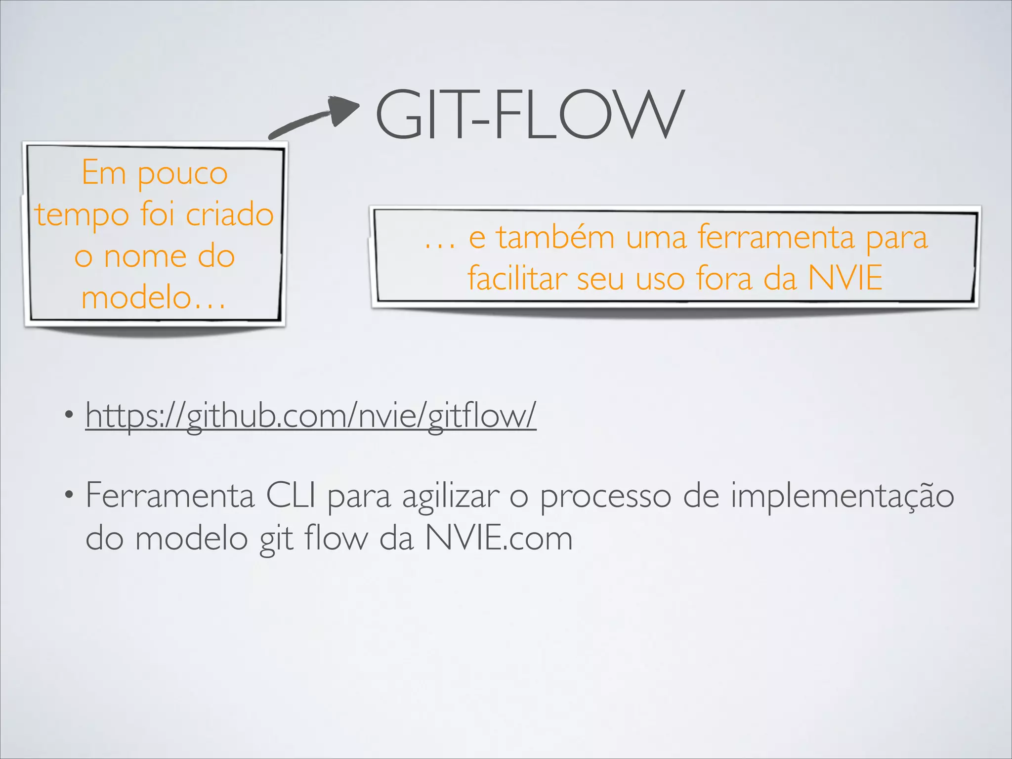 Em pouco
tempo foi criado
o nome do
modelo…

GIT-FLOW
… e também uma ferramenta para
facilitar seu uso fora da NVIE

• https://github.com/nvie/gitﬂow/	

• Ferramenta

CLI para agilizar o processo de implementação
do modelo git ﬂow da NVIE.com

 