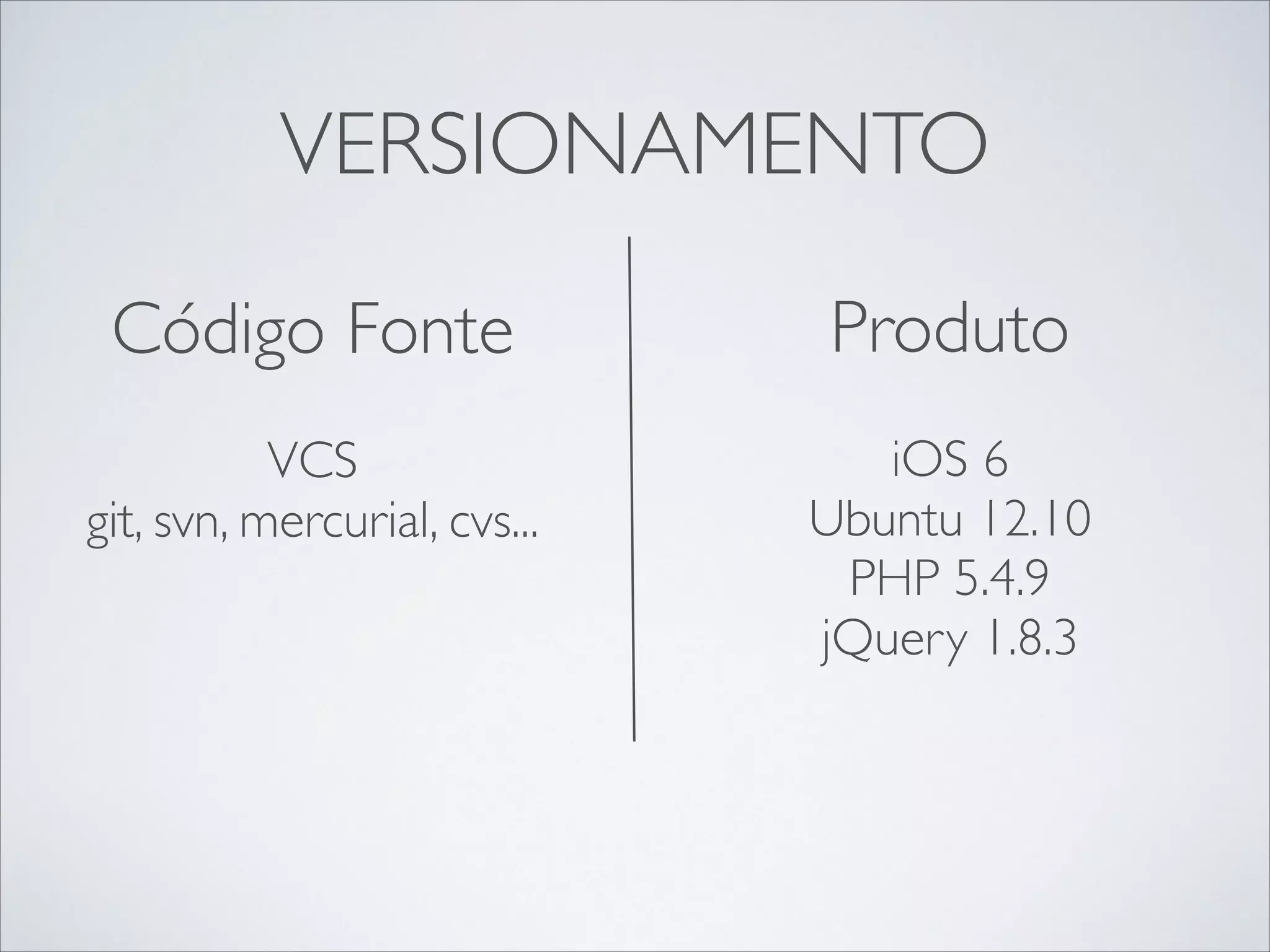 VERSIONAMENTO
Código Fonte	


Produto	


!

!

VCS	

git, svn, mercurial, cvs...	


iOS 6	

Ubuntu 12.10	

PHP 5.4.9	

jQuery 1.8.3

!
!

 