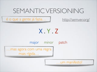 SEMANTIC VERSIONING
é o que a gente já fazia…

http://semver.org/

X.Y.Z
major

minor

patch

…mas agora com uma regra
mais rígida…
…um manifesto!

 